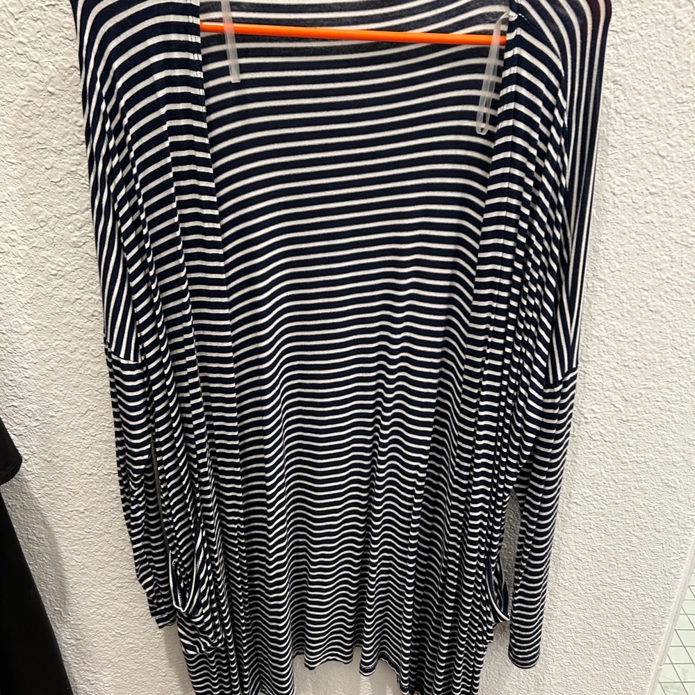 White and Blue Striped Cardigan Sweater